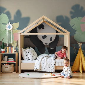 Sleepy panda jungle mural wallpaper in modern nursery with natural wood furniture by Kids-Mundo
