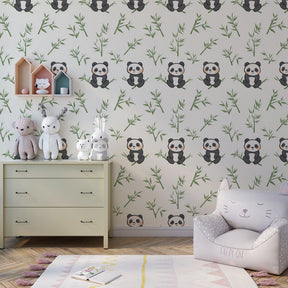Bamboo panda wallpaper decorating cozy children's bedroom with natural green tones