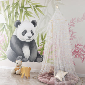 Peaceful panda mural wallpaper creating serene children's bedroom atmosphere