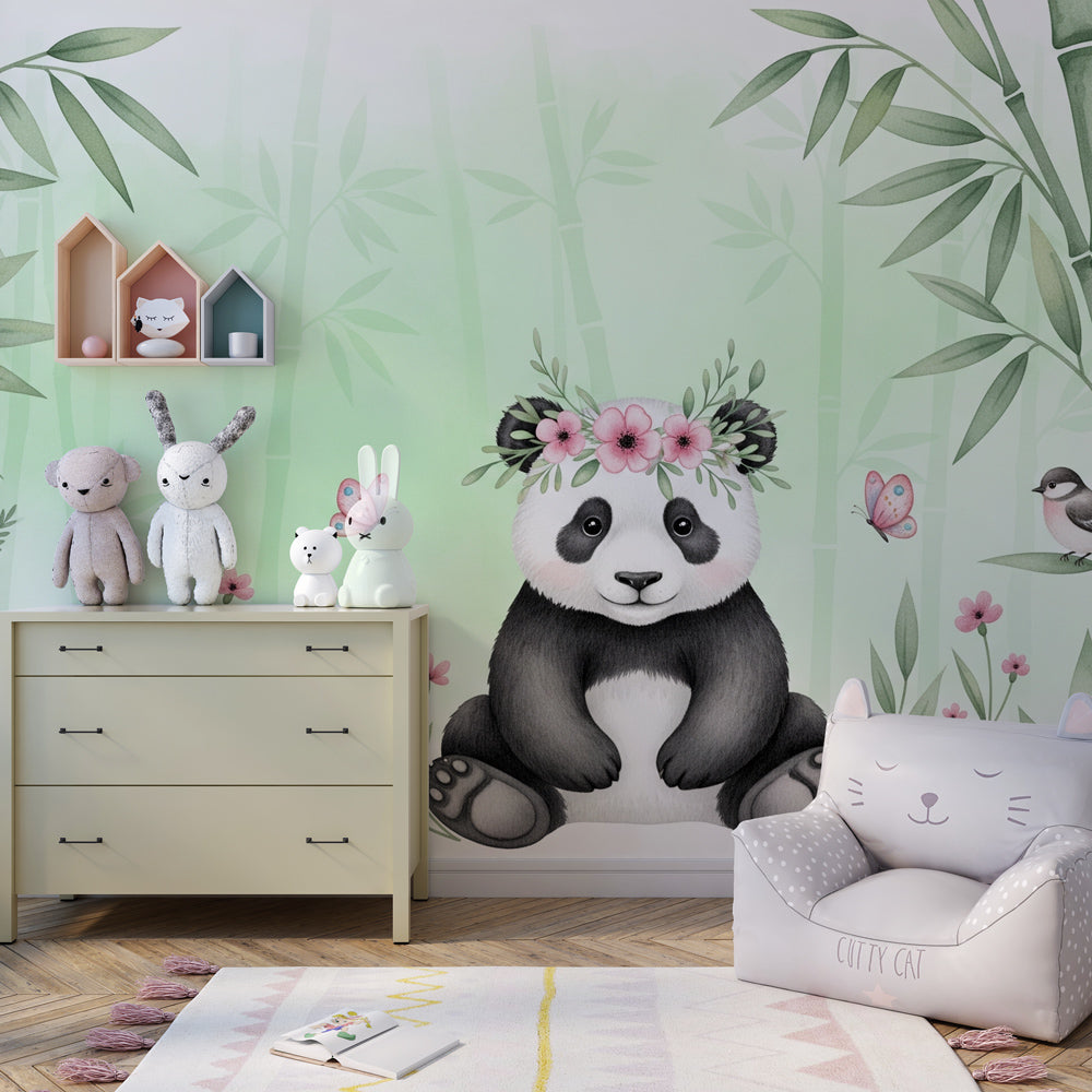 Nature-themed panda wallpaper creating serene children's bedroom decor with bamboo design