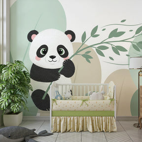 Playful panda wallpaper creating cozy children's bedroom atmosphere with green nature theme