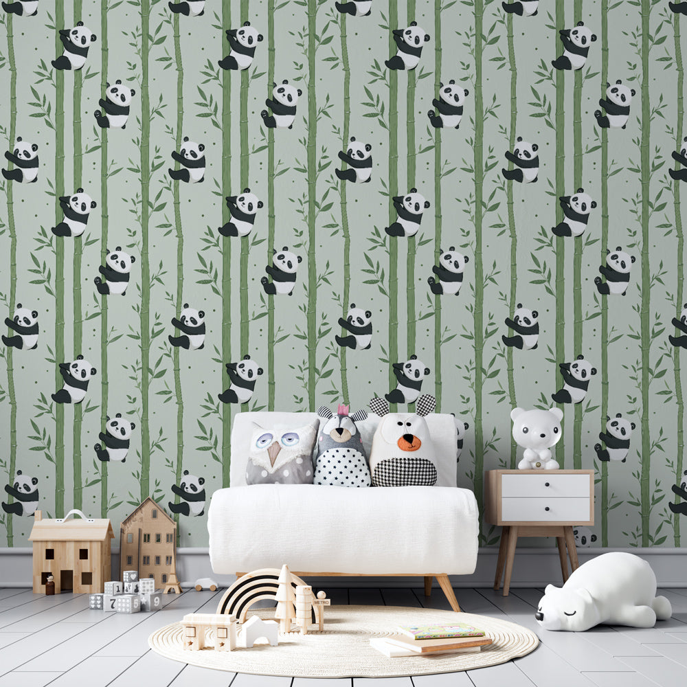 Playful panda bamboo wallpaper transforming modern kids bedroom into nature sanctuary