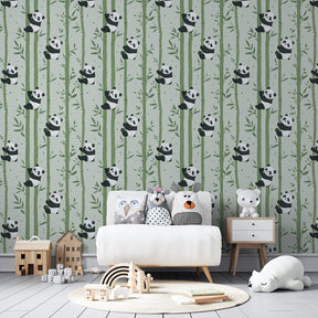 Playful panda bamboo wallpaper transforming modern kids bedroom into nature sanctuary