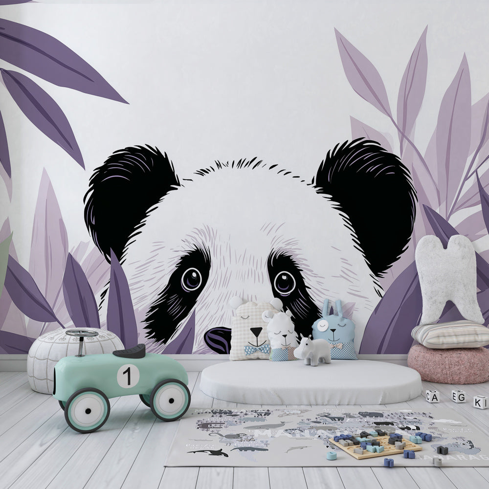 Panda animal wallpaper transforming children's bedroom into nature sanctuary with botanical elements