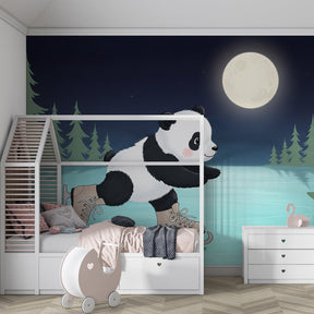 Moonlit panda mural wallpaper transforming toddler bedroom into winter wonderland by Kids-Mundo
