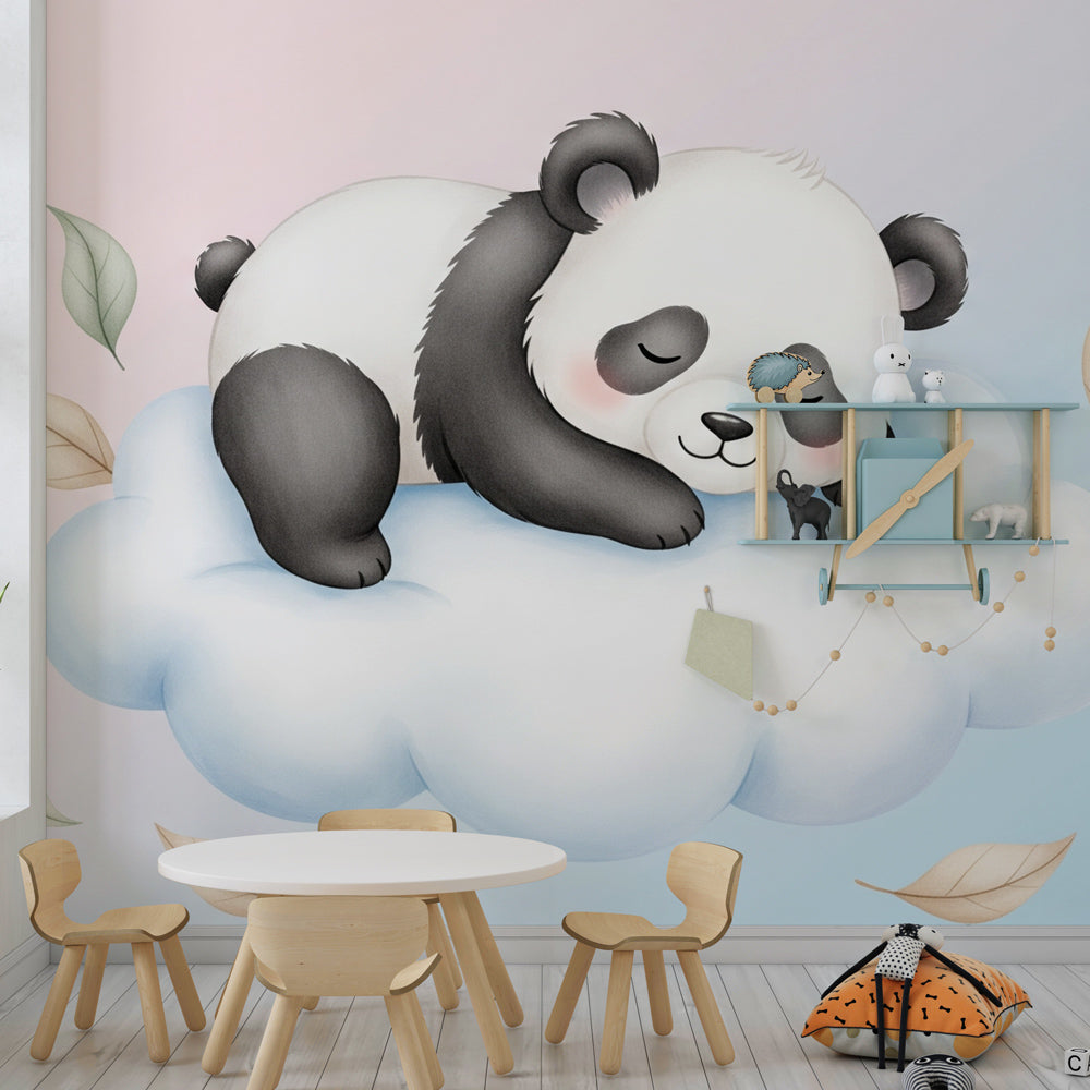 Dreamy panda wallpaper accent wall in toddler room with floating leaves and cloud design by Kids-Mundo