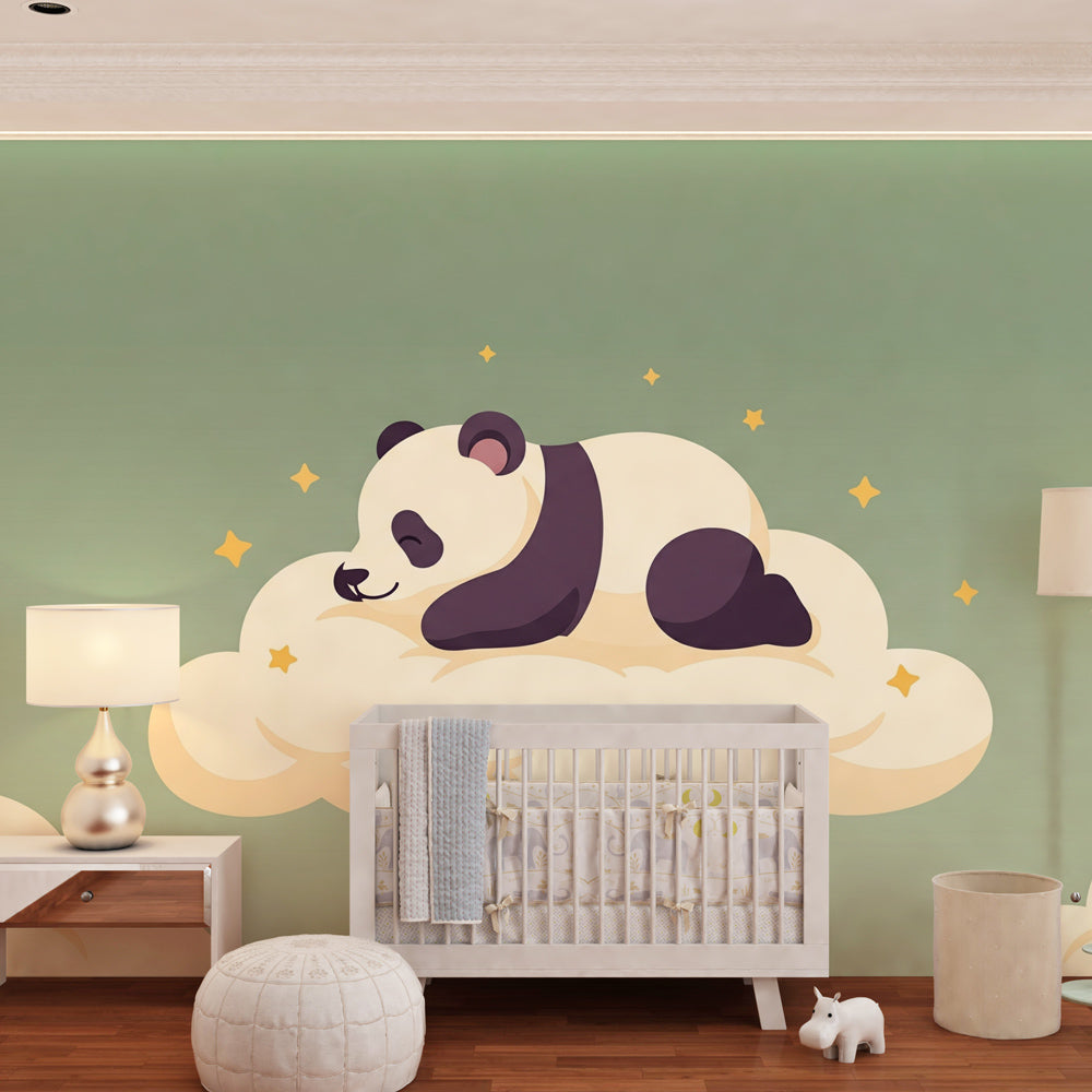Green panda mural wallpaper with cloud and stars design for peaceful toddler room decor