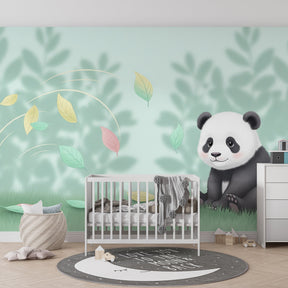 Nature-themed panda mural wallpaper with dancing leaves for children's room by Kids-Mundo