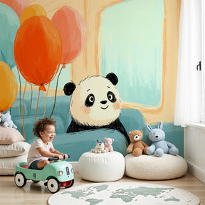 Happy panda mural wallpaper with colorful balloons in modern nursery by Kids-Mundo