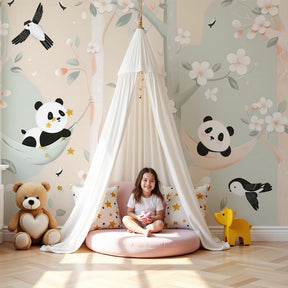 Panda mural wallpaper with pastel flowers decorating modern nursery by Kids-Mundo