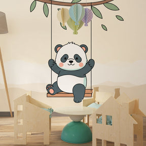 Baby nursery featuring adorable panda swing mural wallpaper with natural wood furniture