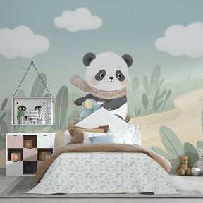 Baby animal mural wallpaper with panda on scooter in cozy nursery setting