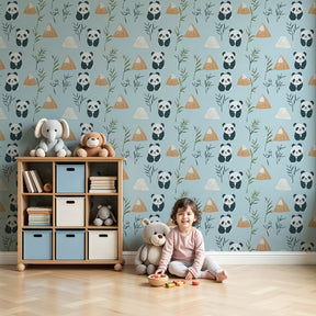 Panda mountain mural wallpaper in modern nursery with natural wood crib by Kids-Mundo