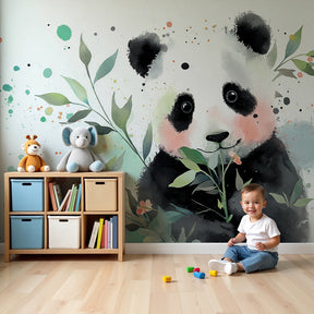 Adorable panda mural wallpaper creating peaceful nursery decor with watercolor nature design by Kids-Mundo