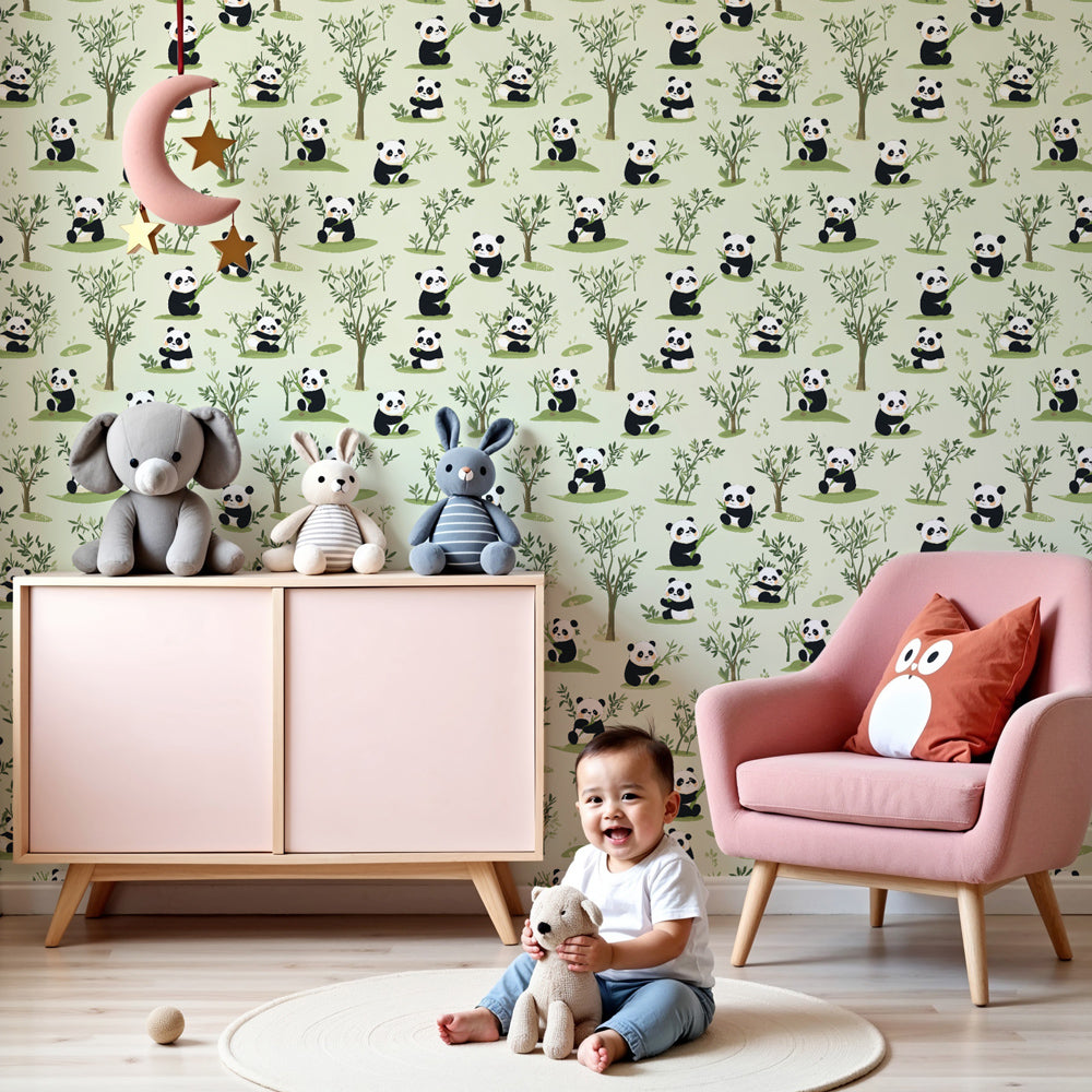 Panda mural wallpaper creating peaceful nursery atmosphere with soft bamboo forest theme by Kids-Mundo