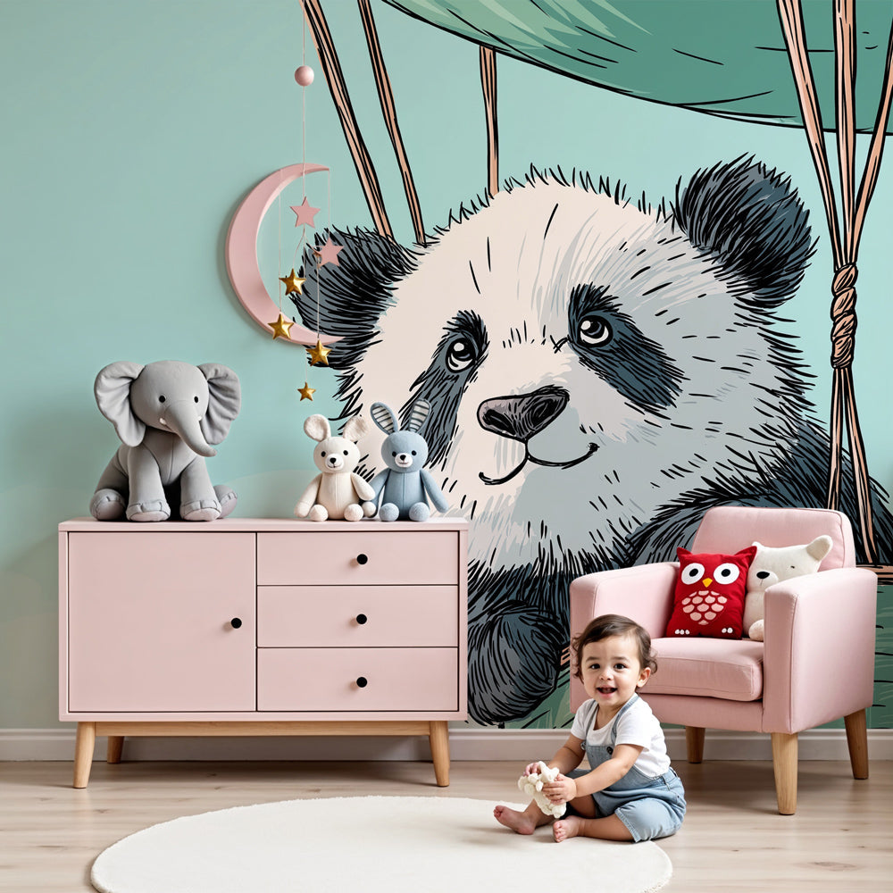 Panda hot air balloon mural wallpaper in modern baby nursery with white crib by Kids-Mundo