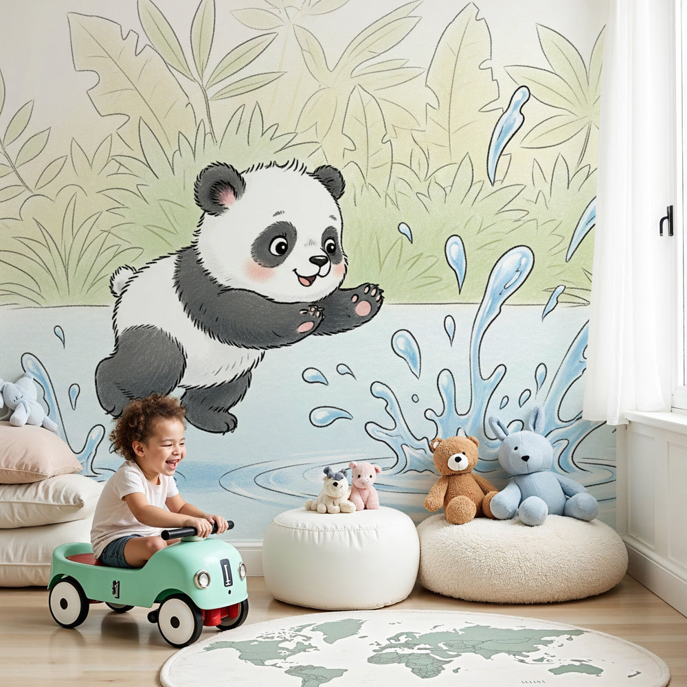 Playful panda mural wallpaper creating magical nature atmosphere in modern children's nursery by Kids-Mundo