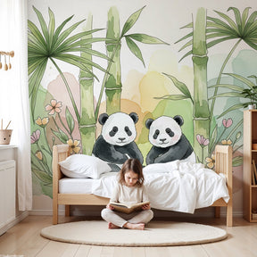 Panda jungle mural wallpaper in modern nursery room with natural decor by Kids-Mundo