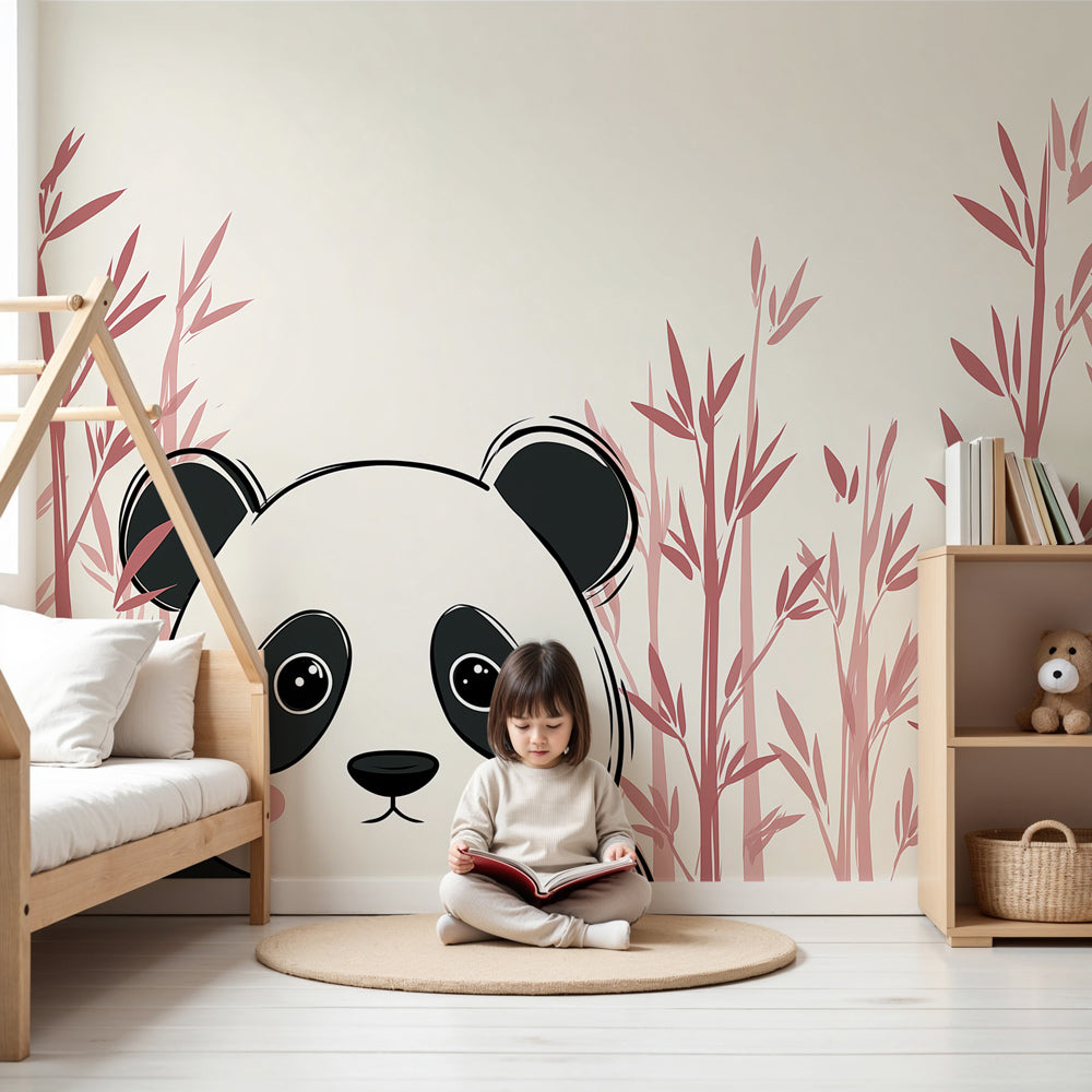Panda bamboo mural wallpaper in cozy nursery setting with natural wood furniture by Kids-Mundo