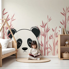 Panda bamboo mural wallpaper in cozy nursery setting with natural wood furniture by Kids-Mundo