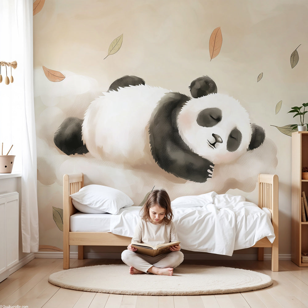 Panda mural wallpaper with sleeping panda on clouds in modern baby nursery by Kids-Mundo