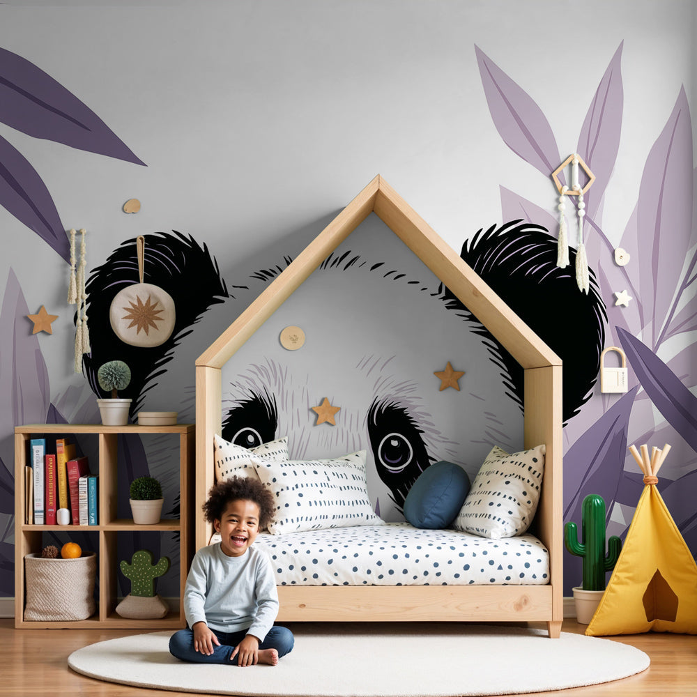 Curious panda mural wallpaper creating peaceful nursery decor with green foliage design by Kids-Mundo