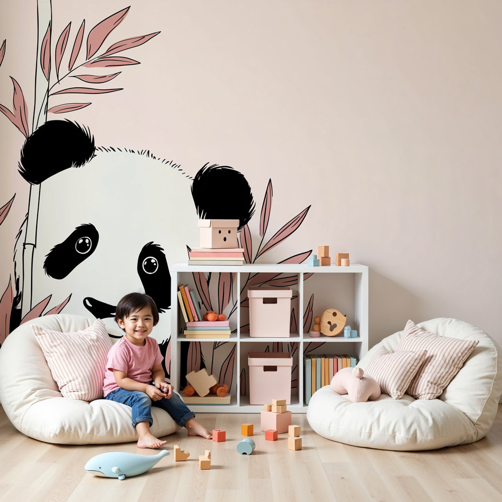 Cute panda mural wallpaper with soft foliage in peaceful nursery setting by Kids-Mundo