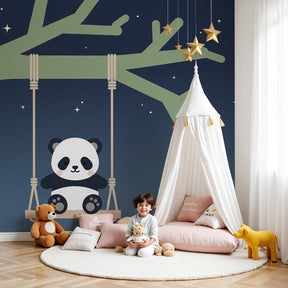 Panda swing mural wallpaper creating magical nighttime atmosphere in modern baby nursery by Kids-Mundo