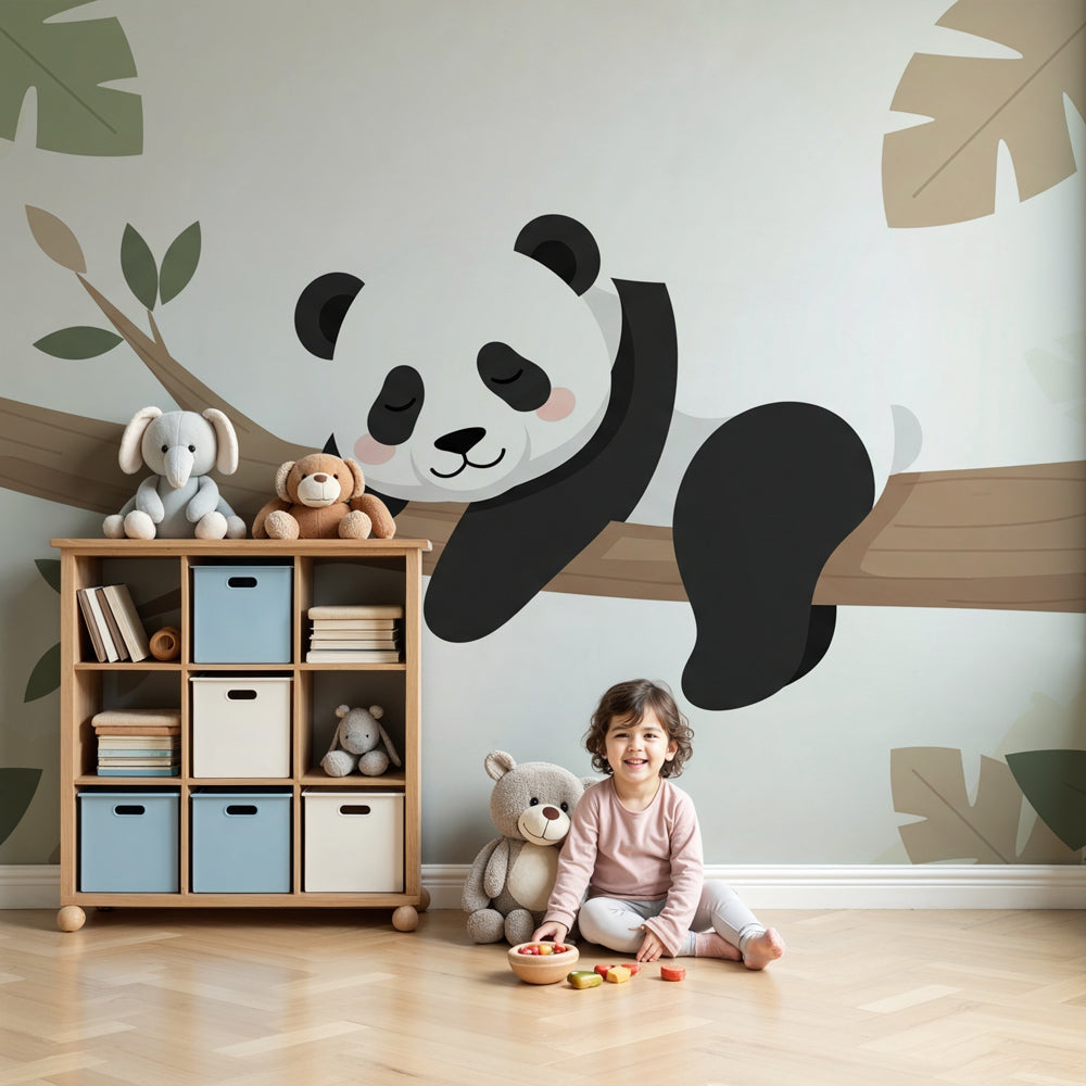 Peaceful panda mural wallpaper in modern nursery with natural wood crib by Kids-Mundo