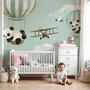 Panda mural wallpaper with hot air balloons creating magical nursery decor by Kids-Mundo