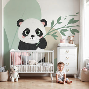Panda mural wallpaper decorating modern nursery with natural wood furniture by Kids-Mundo