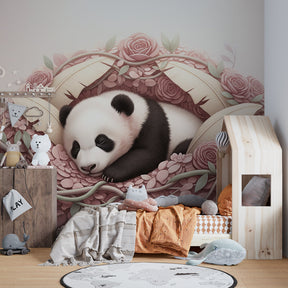 Gentle panda wallpaper creating calm atmosphere in children's bedroom with natural decor