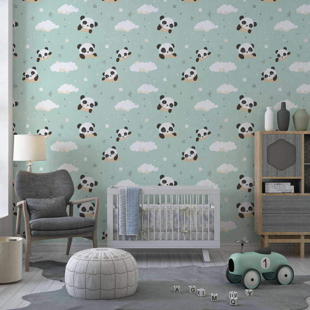 Animal themed panda wallpaper creating magical playroom space for kids by Kids-Mundo