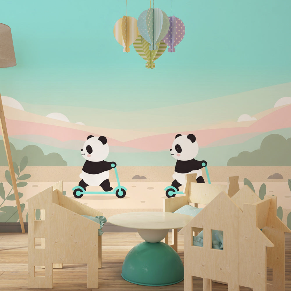 Colorful panda scooter mural wallpaper transforming kids playroom into adventure zone