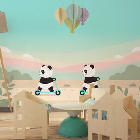 Colorful panda scooter mural wallpaper transforming kids playroom into adventure zone