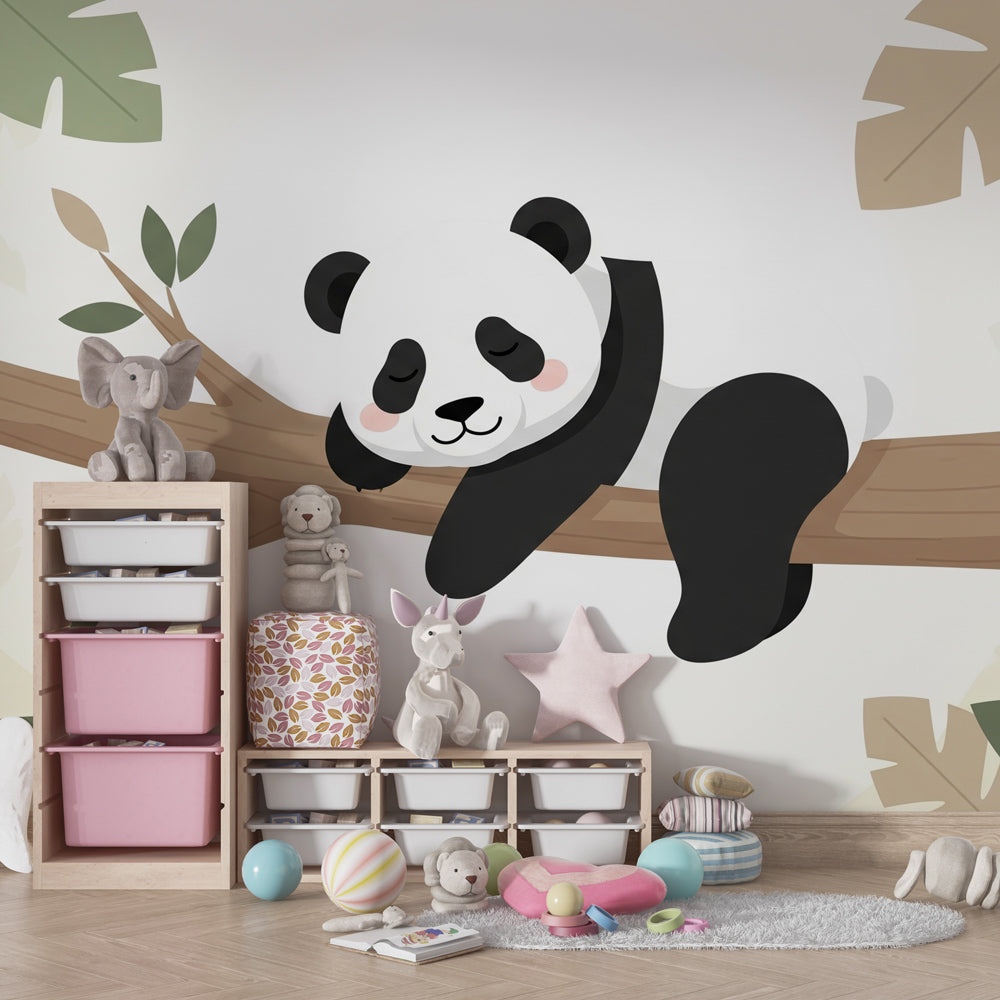 Animal theme panda wallpaper transforming kids playroom into peaceful nature sanctuary