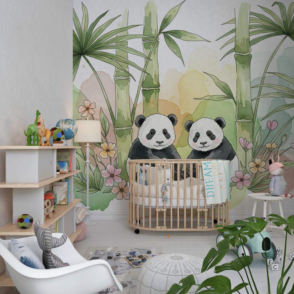 Nature-themed panda mural wallpaper transforming kids playroom with jungle elements