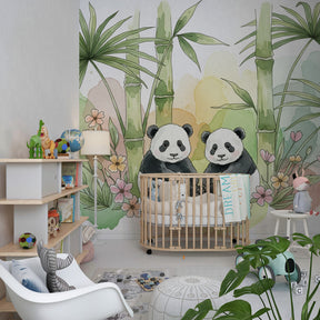 Nature-themed panda mural wallpaper transforming kids playroom with jungle elements