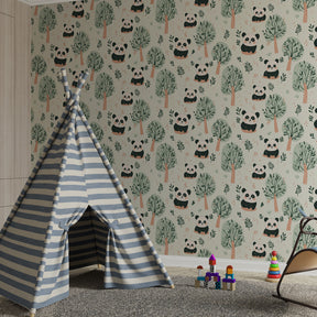 Nature-themed panda wallpaper creating inspiring playroom environment with forest tree designs
