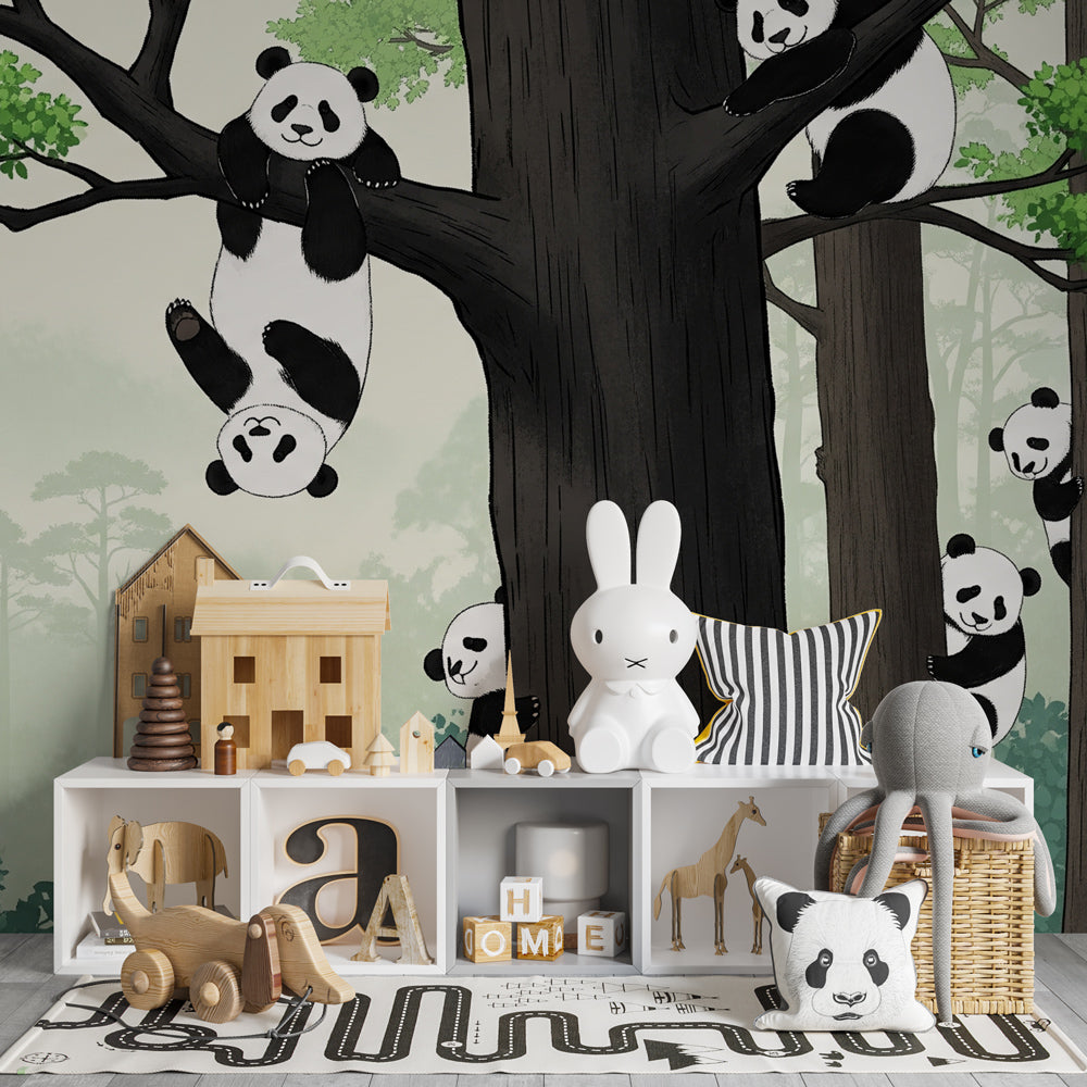 Nature-themed panda wallpaper creating calming environment in kids' playroom space