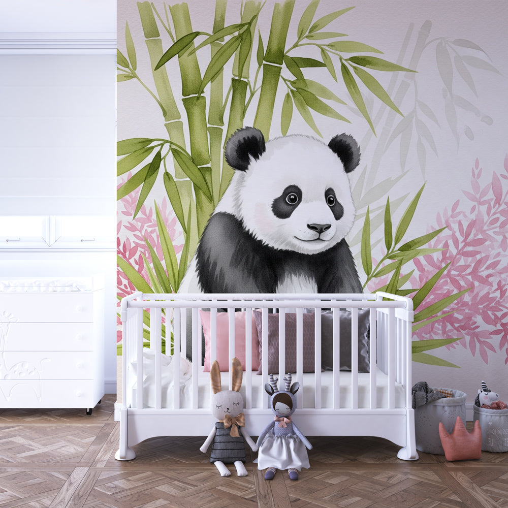 Nature-themed panda wallpaper transforming playroom with bamboo forest design