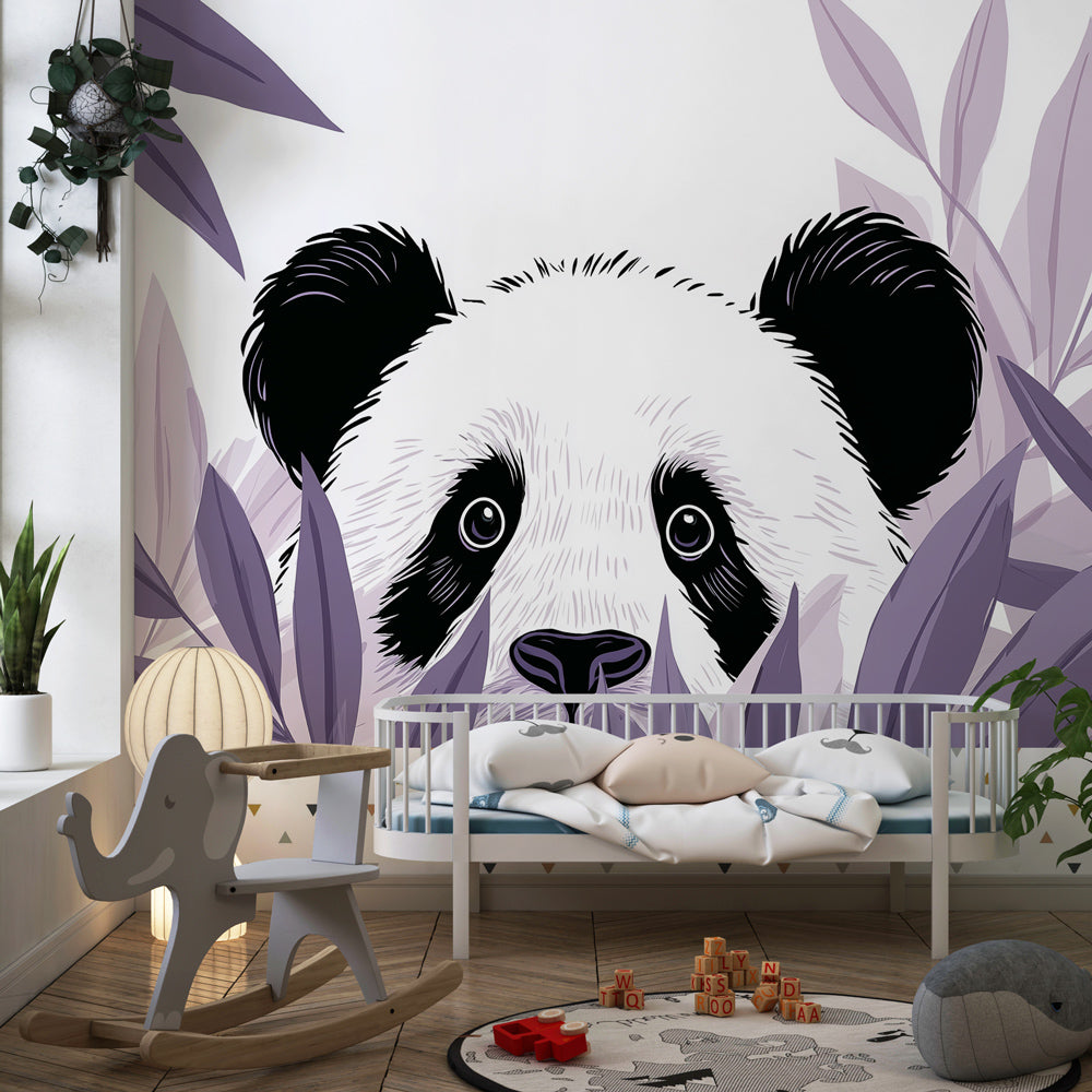 Nature-themed panda wallpaper for kids playroom featuring gentle animal in lush green leaves