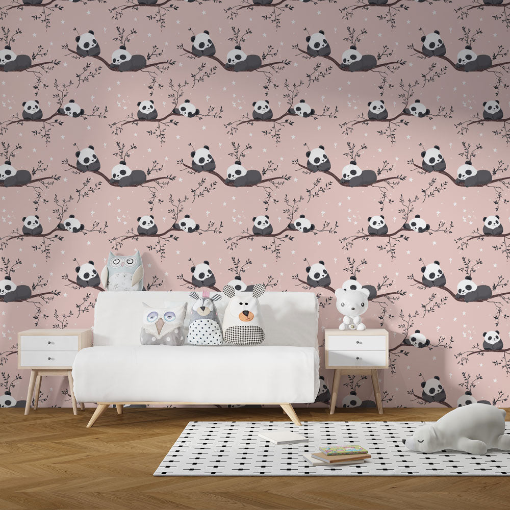Animal theme panda wallpaper transforming kids playroom with delicate branch motifs