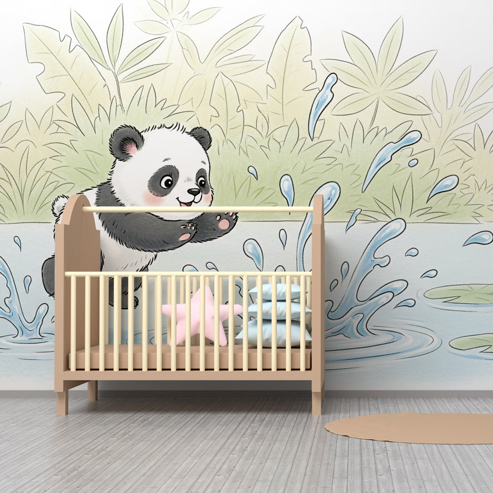 Animal mural wallpaper featuring panda cub in water creating playful children's room environment by Kids-Mundo