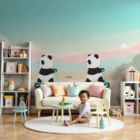 Panda scooter mural wallpaper in bright modern nursery setting by Kids-Mundo