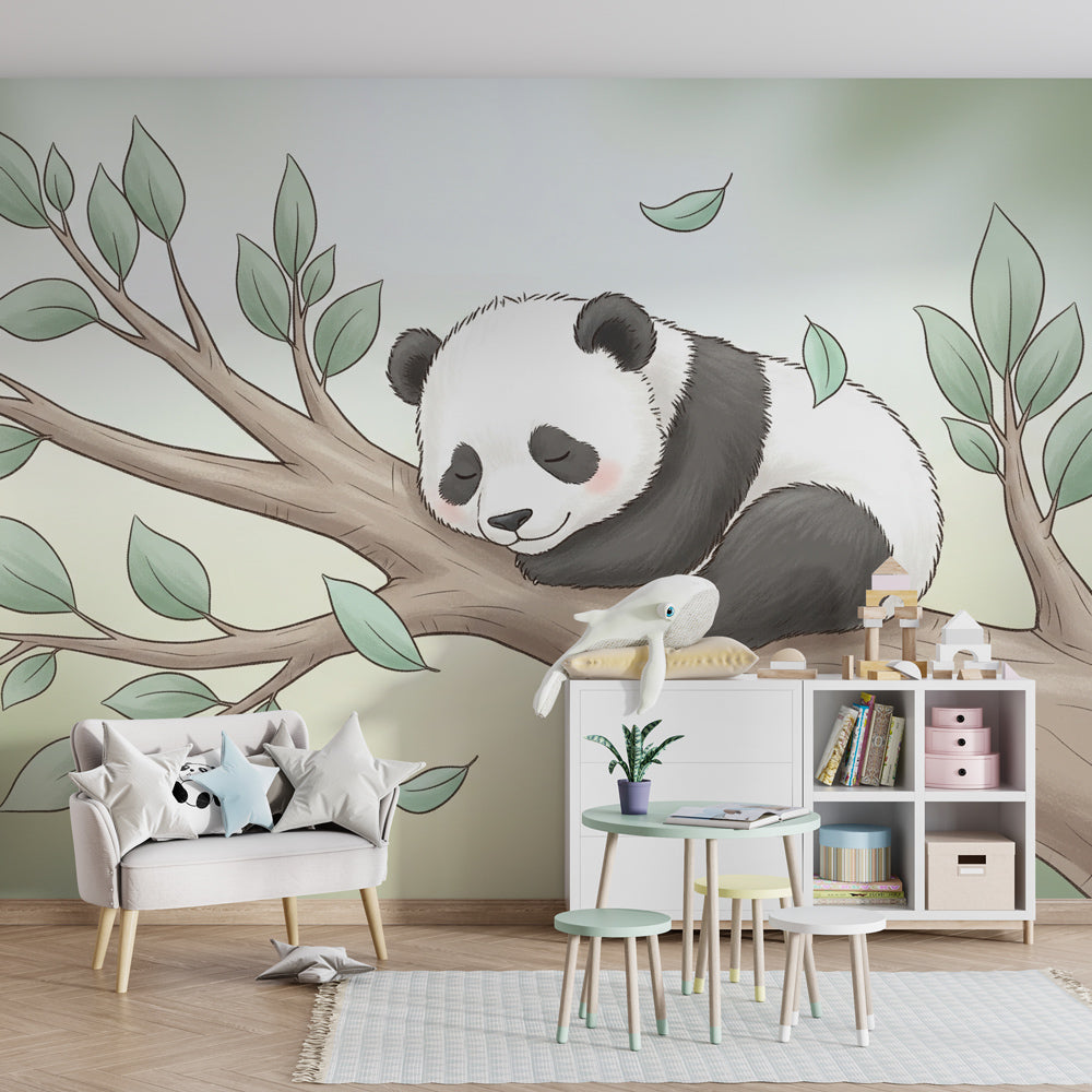 Adorable panda wallpaper creating serene atmosphere in children's bedroom decor