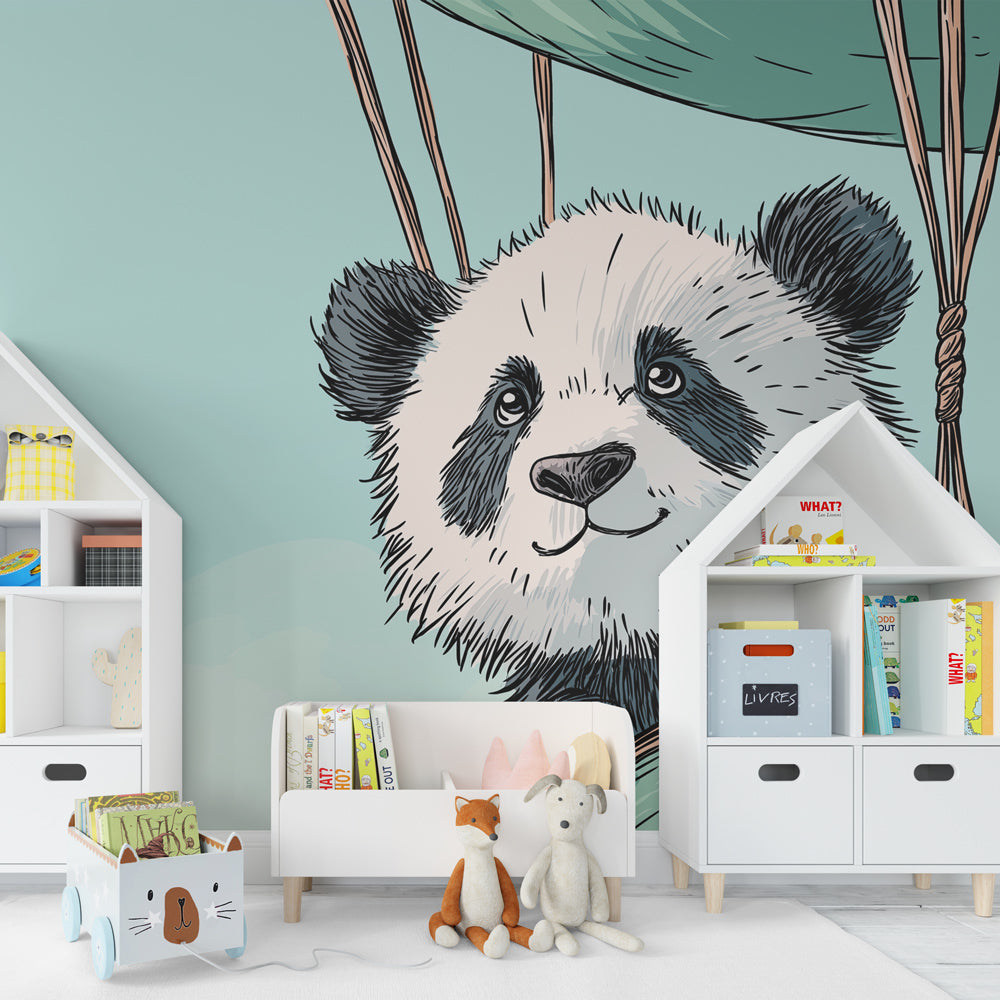 Whimsical panda balloon wallpaper creating peaceful atmosphere in toddler bedroom decor