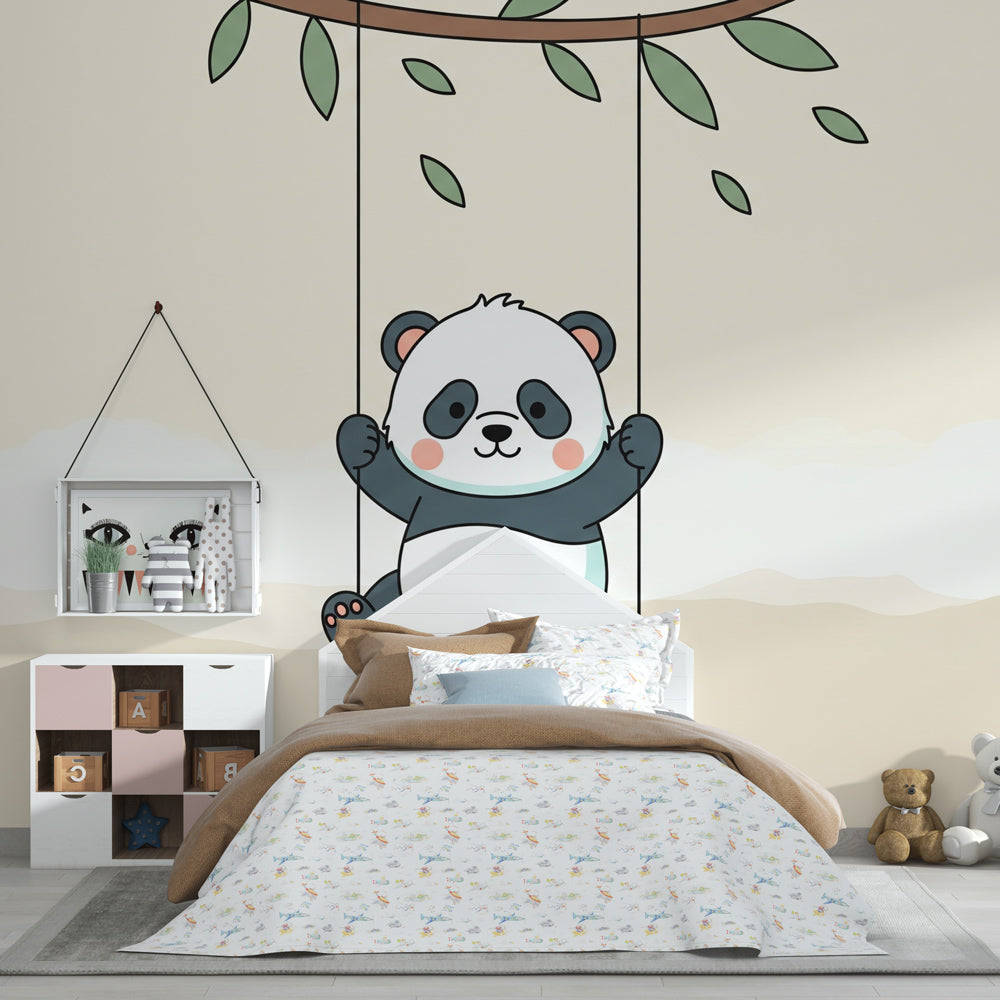 Panda mural wallpaper with swing design in modern toddler bedroom decor by Kids-Mundo