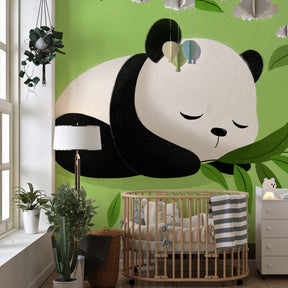 Soothing panda wallpaper with green foliage creating calm atmosphere in toddler room