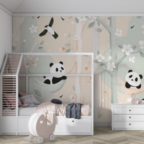 Animal mural wallpaper with pandas and flowers in cozy toddler room setting